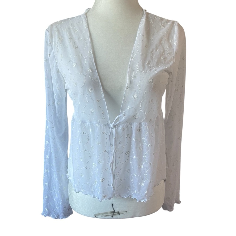 Suzy Shier White Sheer Embroidered Front Ties Top US L